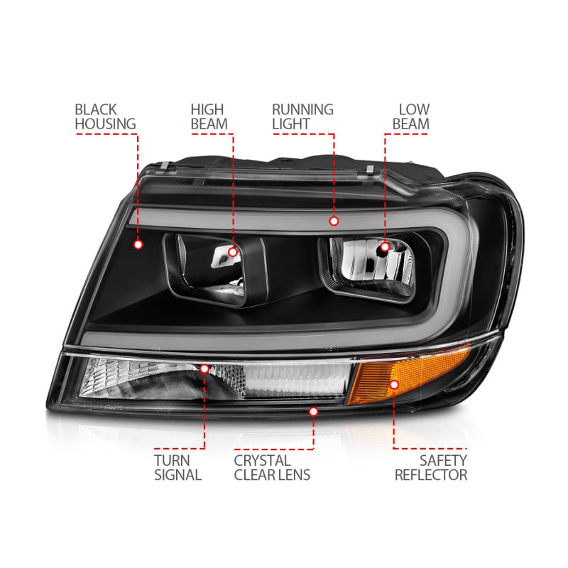 ANZO 99-04 Jeep Grand Cherokee Crystal Headlights - w/ Light Bar Black Housing thumbnail 5