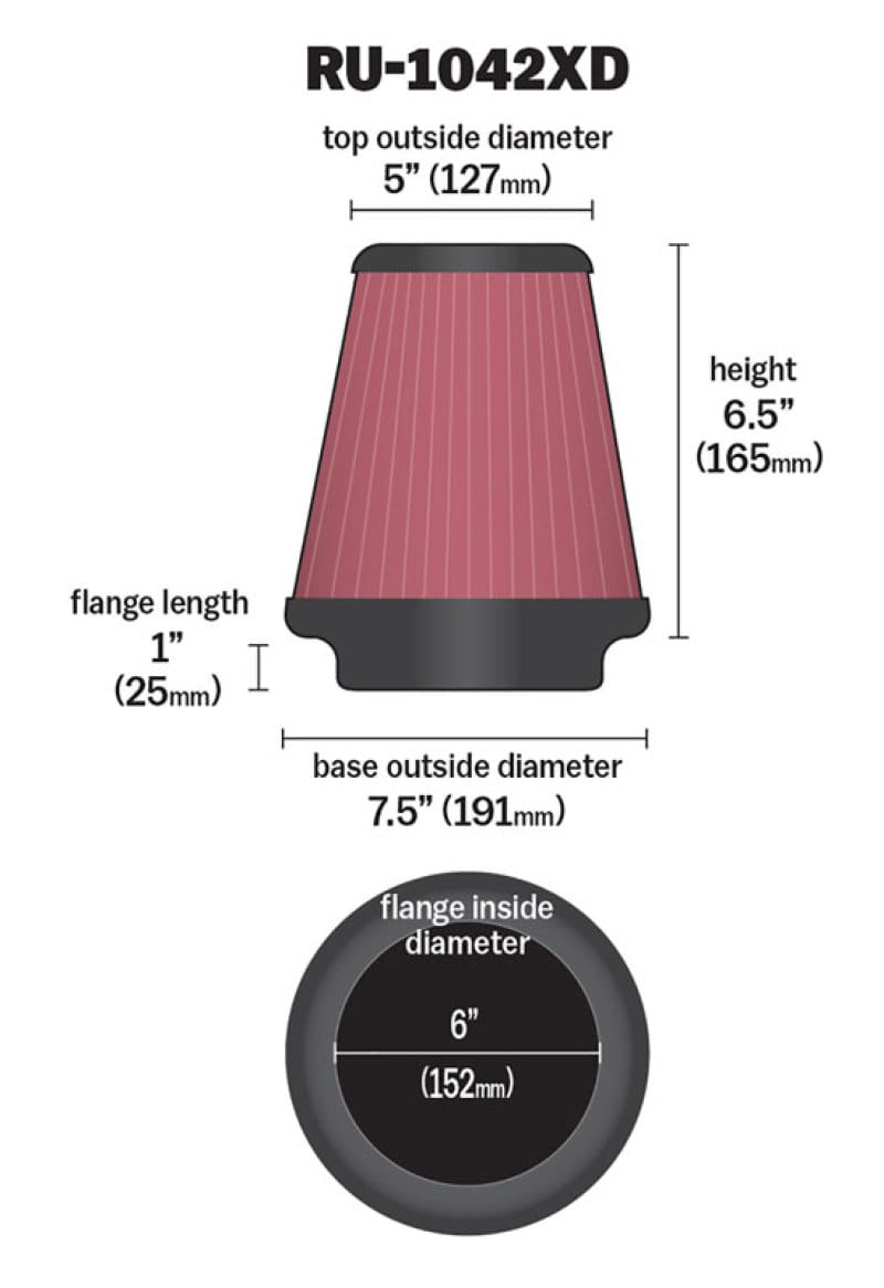 K&N Universal Clamp-On Air Filter 6in FLG / 7-1/2in B / 5in T / 6-1/2in H - RU-1042XD thumbnail 4