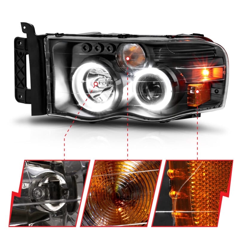 ANZO 2002-2005 Dodge Ram 1500 Projector Headlights w/ Halo Black Clear Amber thumbnail 4