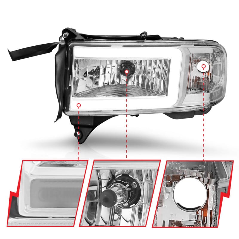 ANZO 94-02 Dodge RAM Crystal Headlight - w/ Light Bar Chrome Housing thumbnail 4