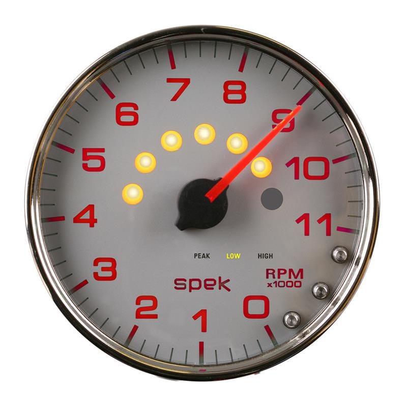 Autometer Spek-Pro Gauge Tachometer 5in 11K Rpm W/Shift Light & Peak Mem Silver/Chrome - P23921
