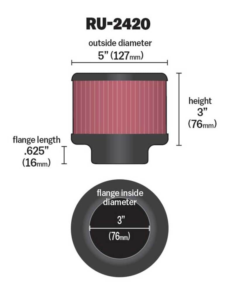 K&N Universal Rubber Filter 3 inch Flange 5 inch OD 3 inch Height thumbnail 2