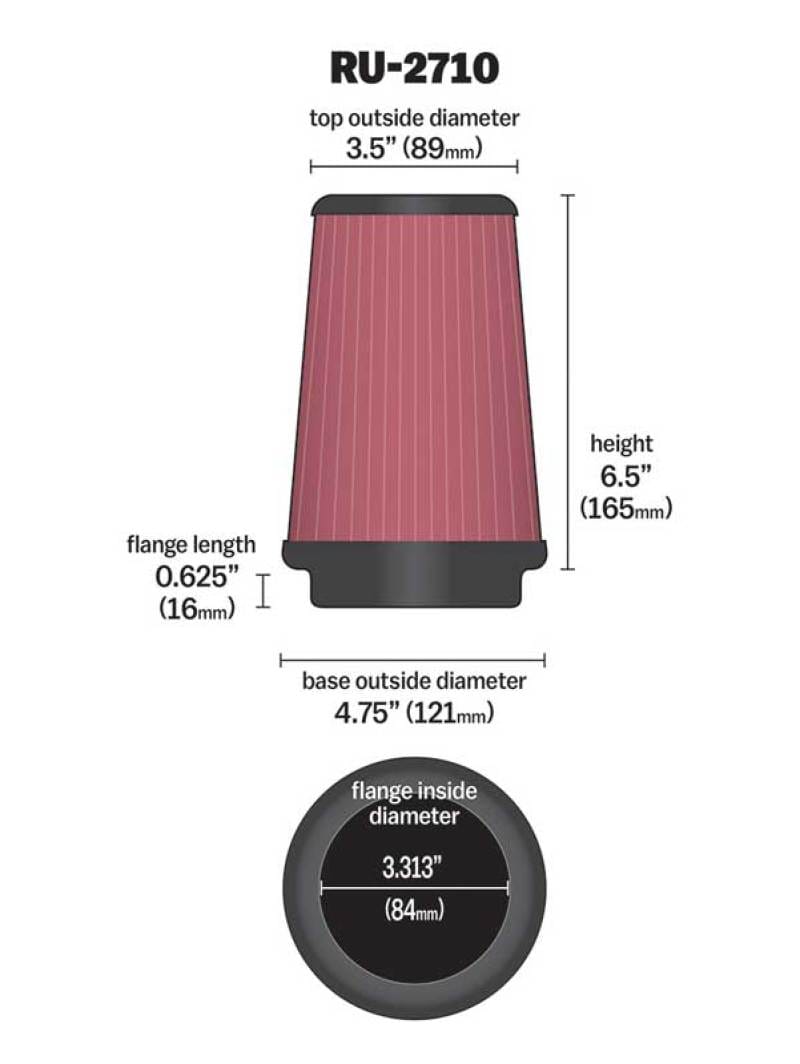 K&N Universal Rubber Filter Round Tprd 3.313in Flange ID x 4.75in Base OD x 3.5in Top OD x 6.5in H thumbnail 3
