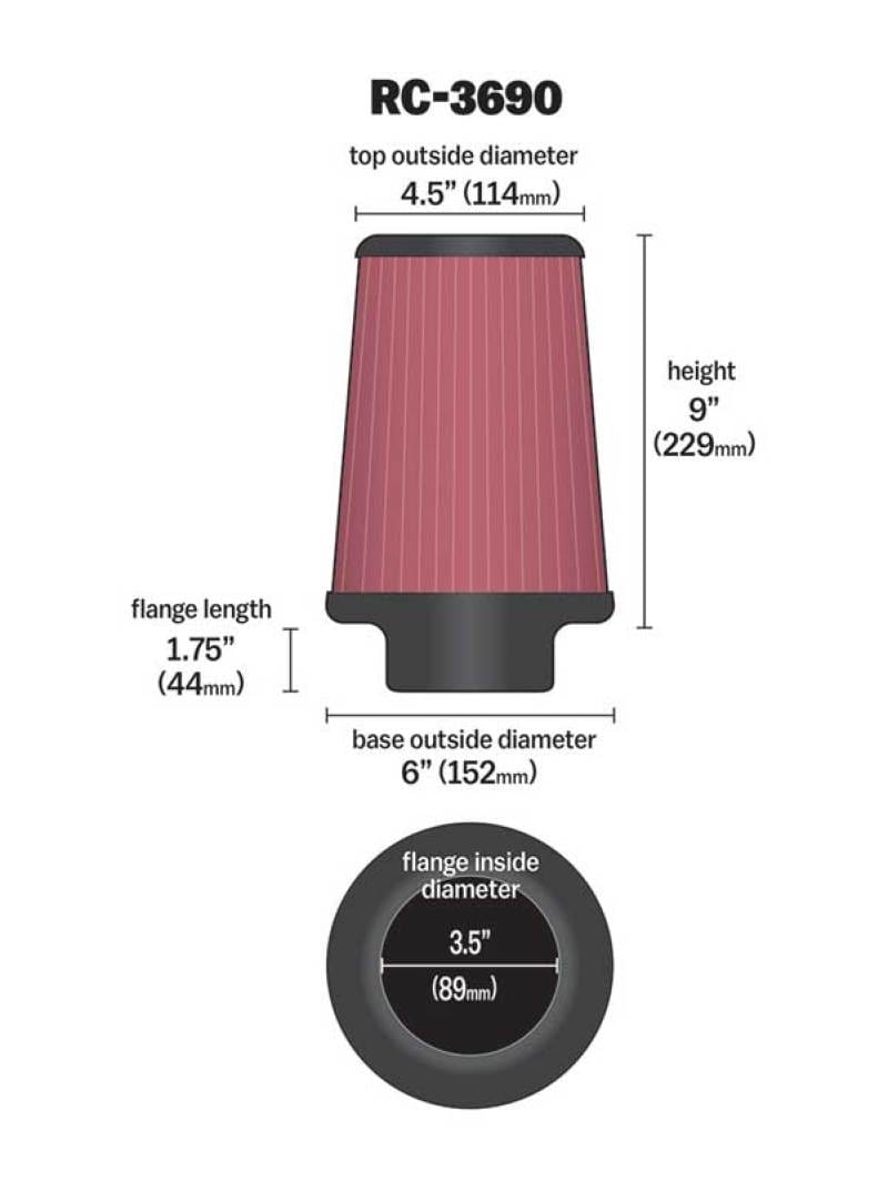 K&N Universal Chrome Filter 3 1/2 inch ID FLG / 6 inch Bottom / 4 1/2 inch CR / 9 inch Length thumbnail 2