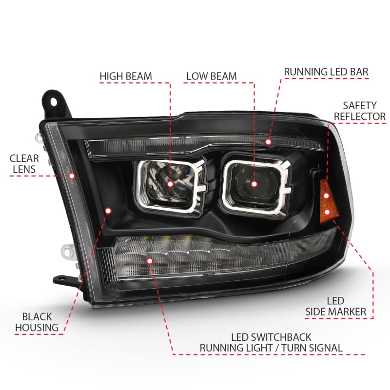 ANZO 2009-2018 Dodge Ram 1500 Projector H.L. Switchback Black Amber thumbnail 5