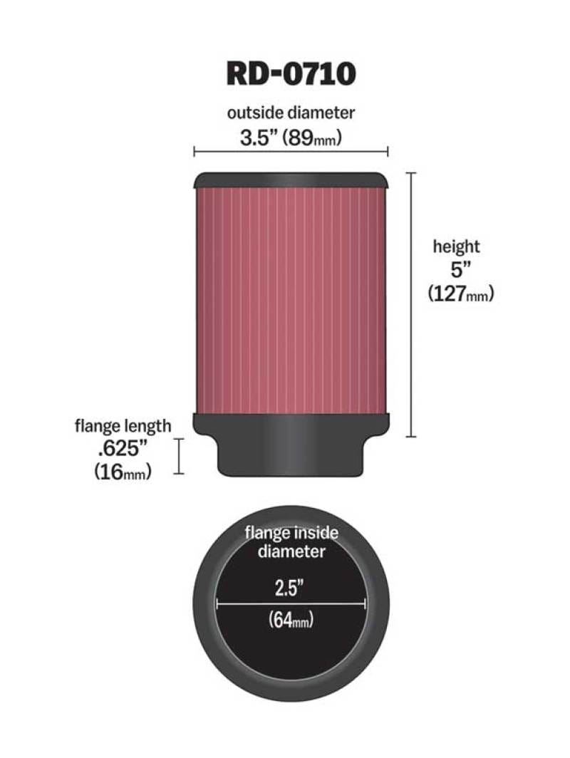 K&N Universal Rubber Filter 2.5in Flange ID x 3.5in OD x 5in Height thumbnail 3
