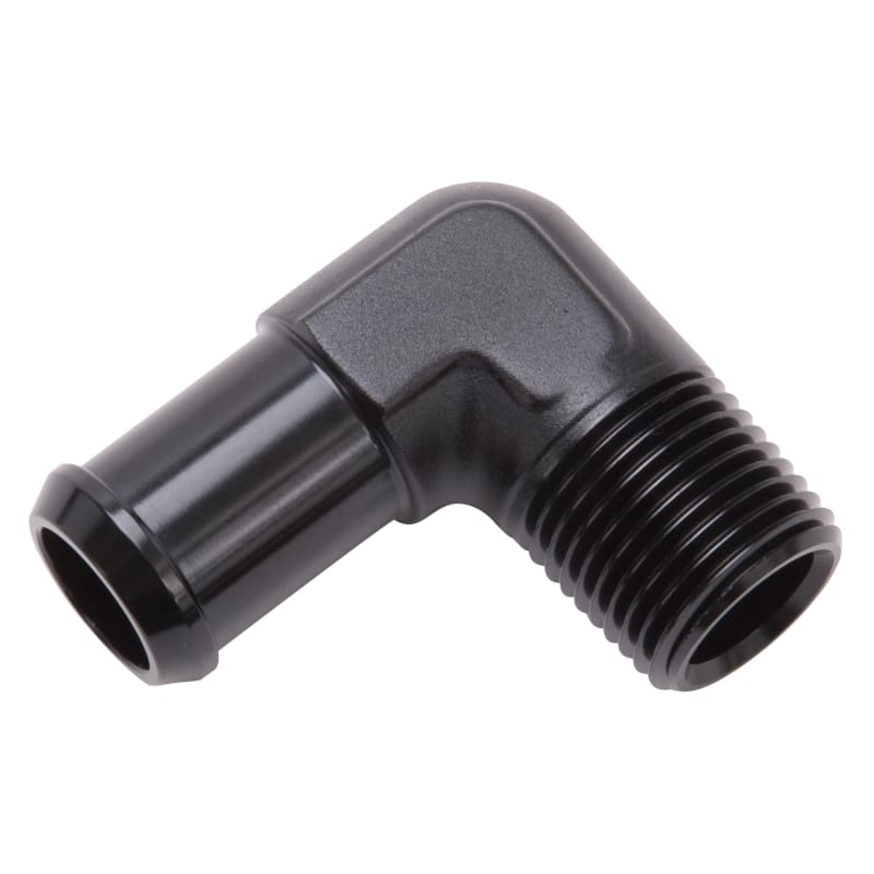 Edelbrock Hose End 90-Deg 1/2In NPT to 1/2In Barb Black Anodize thumbnail 2
