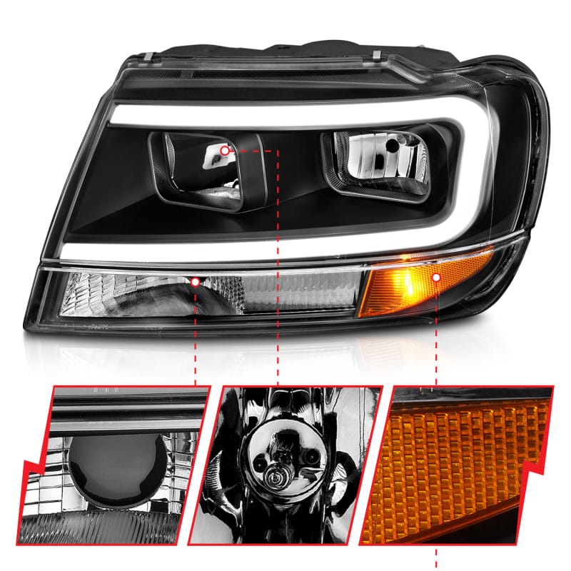 ANZO 99-04 Jeep Grand Cherokee Crystal Headlights - w/ Light Bar Black Housing thumbnail 4