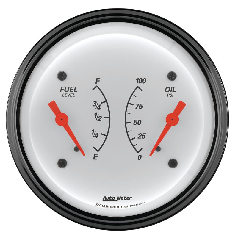 AutoMeter Gauge Dual Fuel & Oilp 3-3/8in. 0 Ohm(e) to 90 Ohm(f)& 100PSI Elec Arctic White