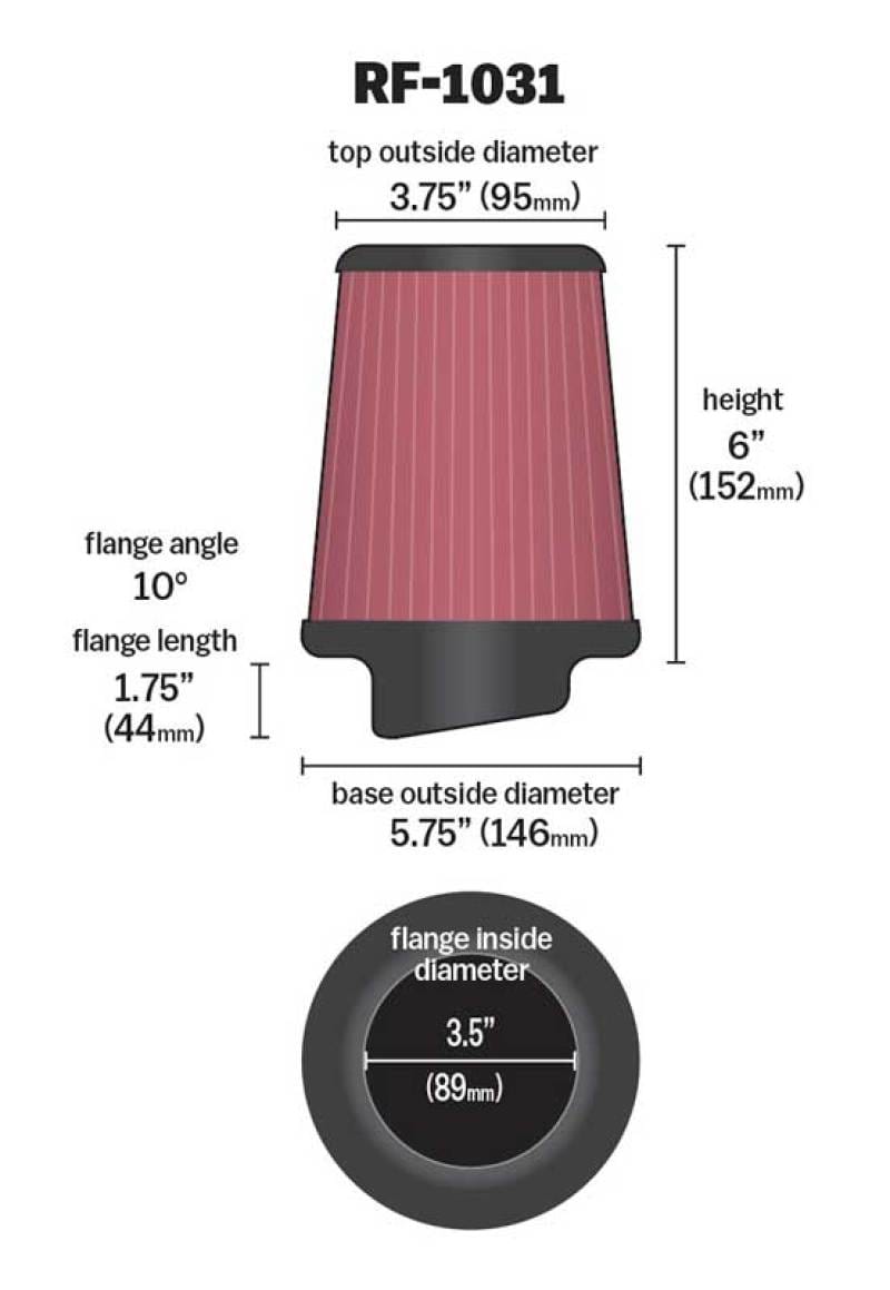 K&N Round Tapered Universal Air Filter 3.5in Flange ID / 5.75in Base OD / 3.75in Top OD / 6in H thumbnail 2
