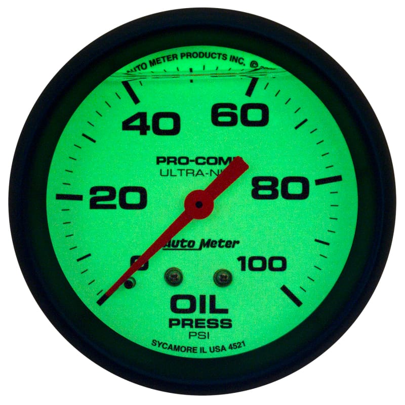 Autometer Ultra-Nite 2-5/8in 0-100 PSI Liquid Filled Mechanical Glow In Dark Oil Pressure Gauge thumbnail 2
