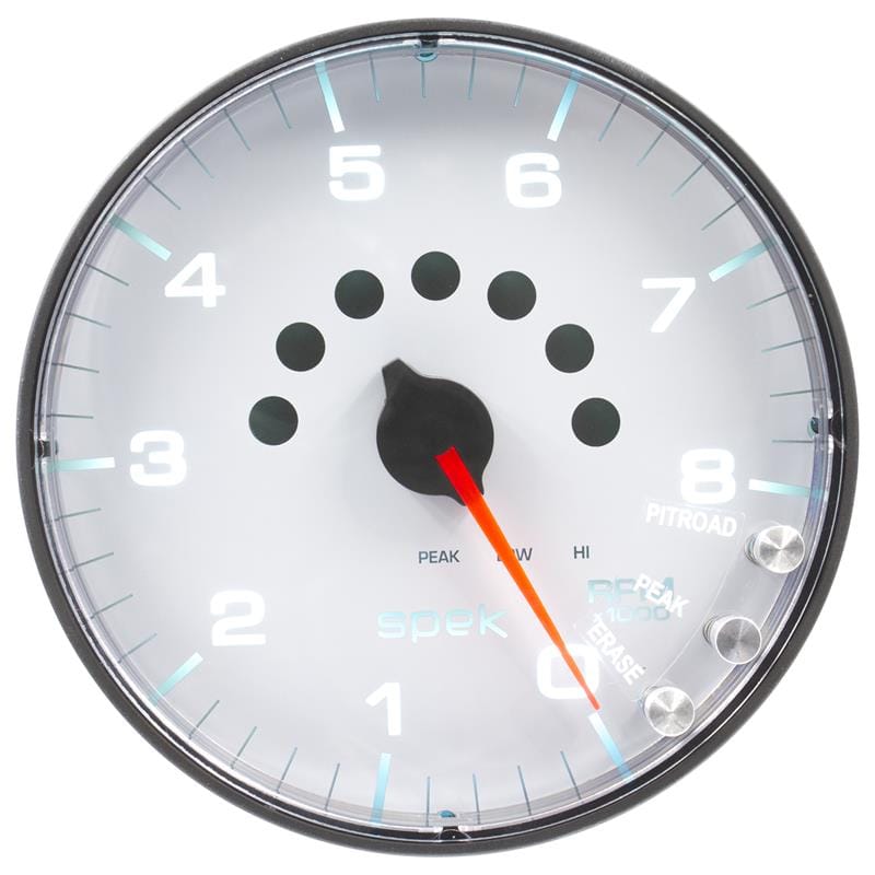 Autometer Spek-Pro Gauge Tachometer 5in 8K Rpm W/Shift Light & Peak Mem White/Black - P238128