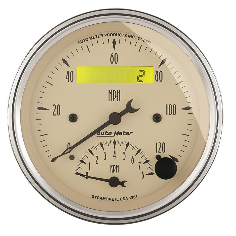 AutoMeter Gauge Tach/Speedo 3-3/8in. 120MPH & 8K RPM Elec. Program. Antique Beige