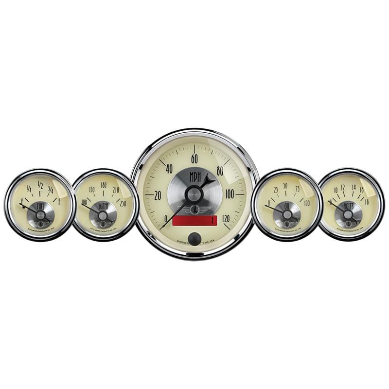 AutoMeter Gauge Kit 5 Pc. 3-3/8in. & 2-1/16in. Elec. Speedo W/Lcd Odo Prestige Antique. Ivory