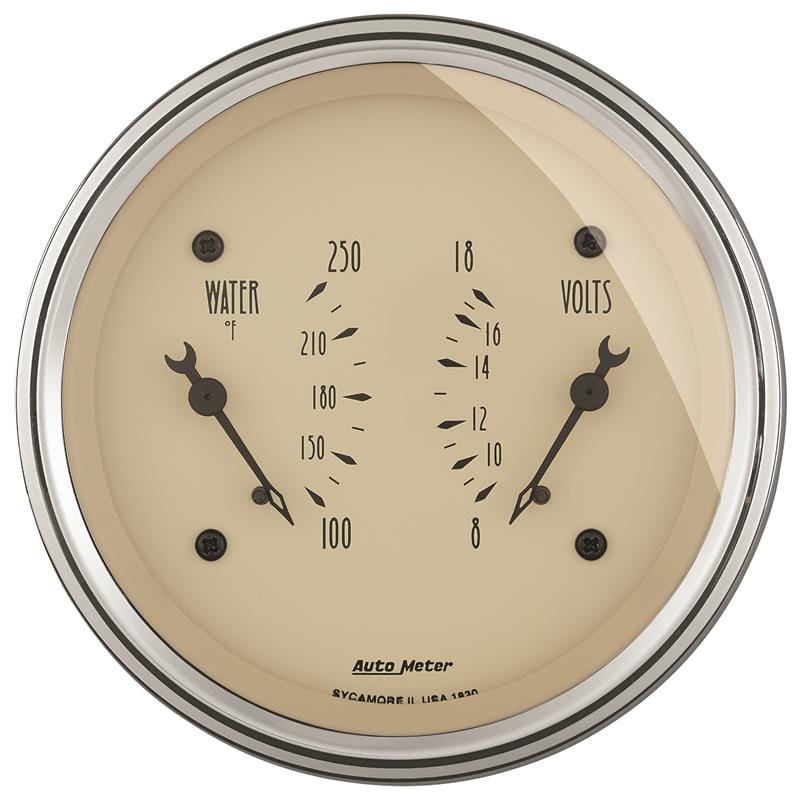 AutoMeter Gauge Dual Wtmp & Volt 3-3/8in. 250 Deg. F & 18V Elec Antique Beige