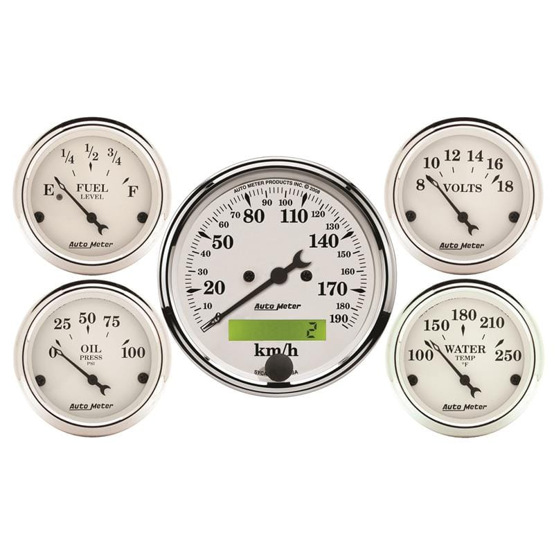Autometer Old Tyme White 5 Pc Kit-Elec Speed(Km/H)/Elec Oil Press/Water Temp/Volt/Fuel Level